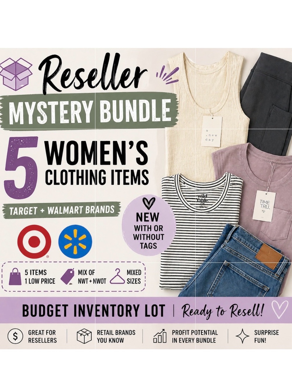 Reseller Mystery Bundle 5 Target Walmart Clothing Items NWT & NWOT Mixed Sizes